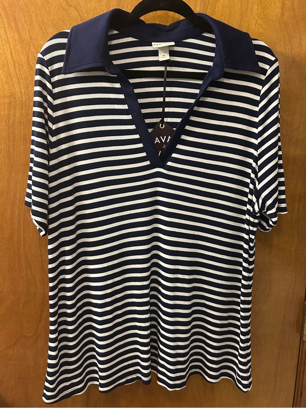 NWT Ava & Viv Women’s Navy and White Striped Polo Tee- 1X